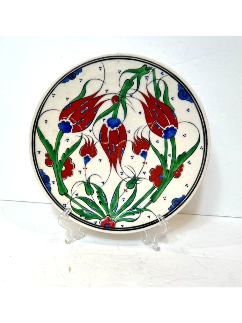 Hand-Painted Turkish Iznik-Style Ceramic Plate Ottoman Red Tulip Floral Design